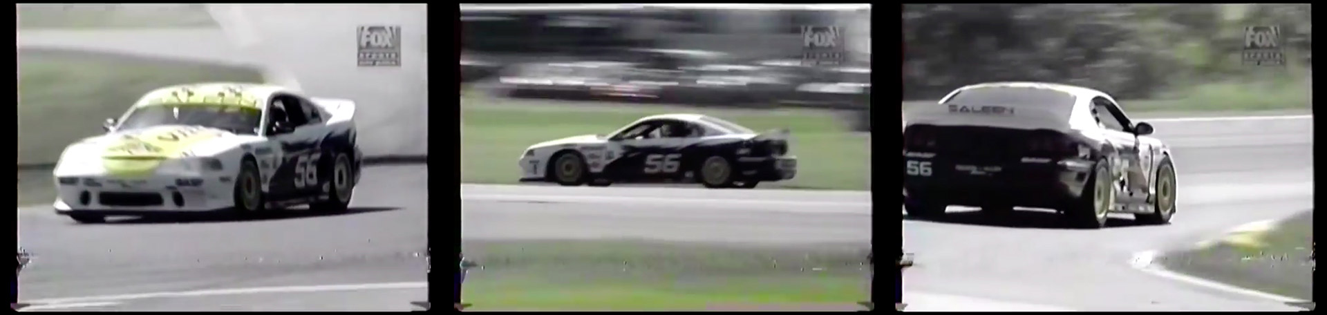 Pictured: screenshots of a contemporary Fox News broadcast of the SCCA race at Lime Rock in 1998. Here we see a Saleen SR Widebody Mustang leading the race, driven by Terry Borcheller and run by Steve Saleen and Tim Allen’s team.